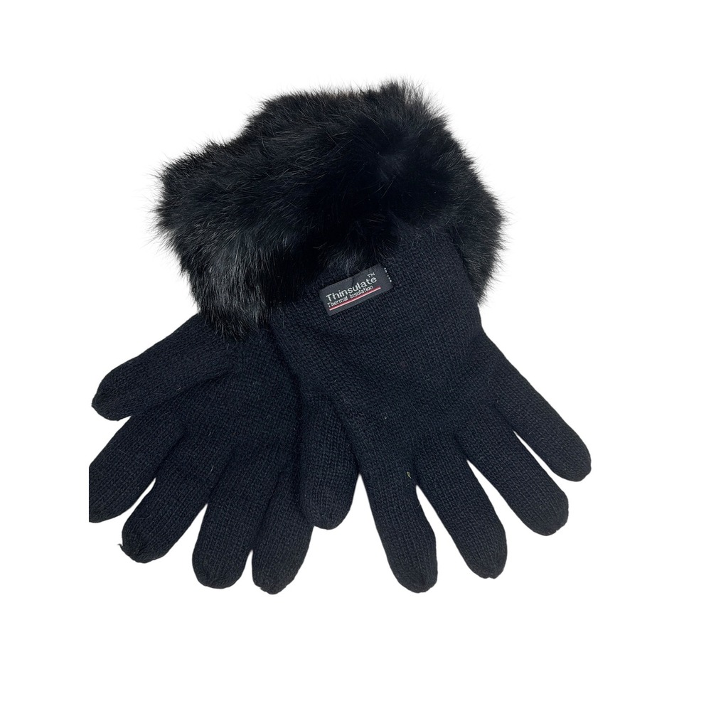 NEW Thinsulate Black Angora Knit Gloves with Faux Fur Trim Thermal Insulation